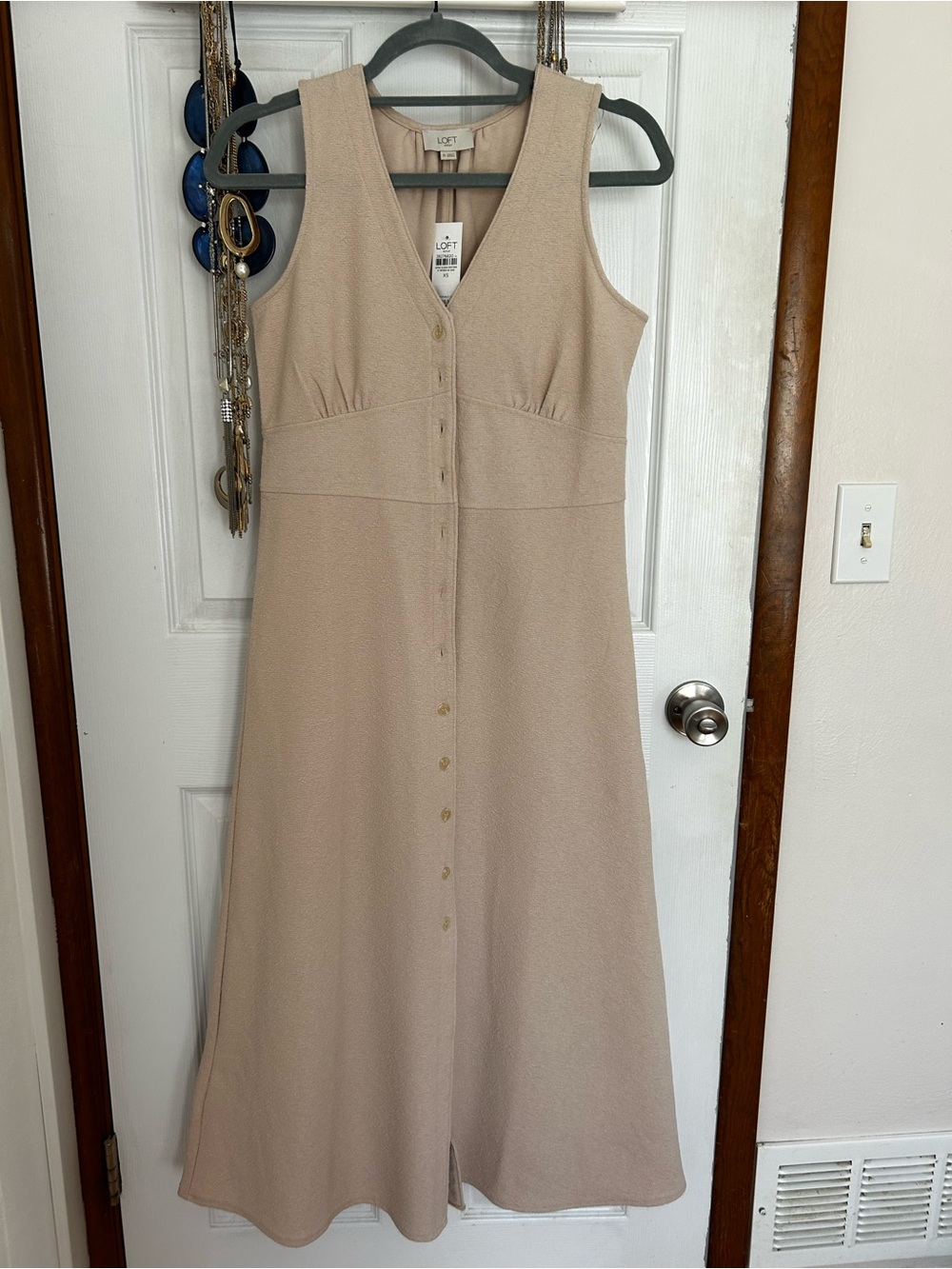 LOFT Beige Sleeveless V-Neck Button-Front Midi Dress